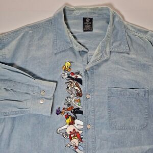 Vintage Warner Bros Looney Tunes Denim Shirt XL Light Wash Cotton Embroidered
